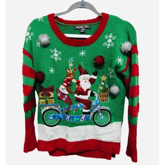 Ugly Christmas Sweater Santa Reindeer Bike United States Sweater Red Green Small - Picture 1 of 6